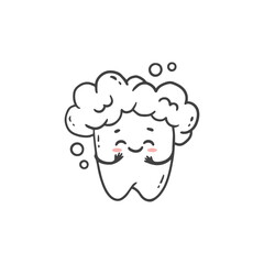 Cute cartoon tooth on a white background.Tooth in a foam cloud. Vector illustration