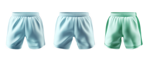 three pairs of sporty shorts. one pair in light blue. one pair in dark blue. and one pair in green. isolated on a transparent background