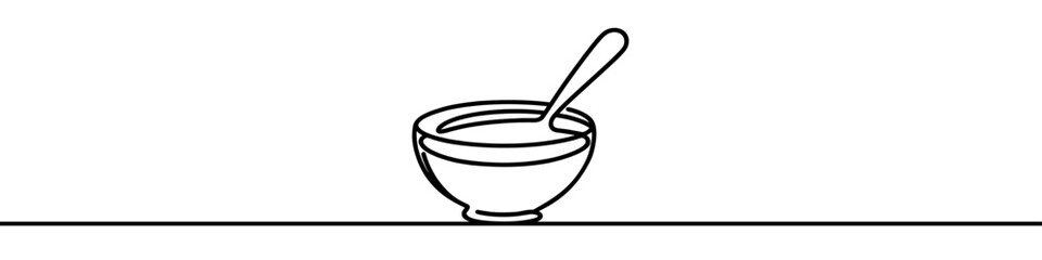Minimalist continuous line drawing of a steaming bowl of soup, perfect for representing a warm meal. Vector illustration.