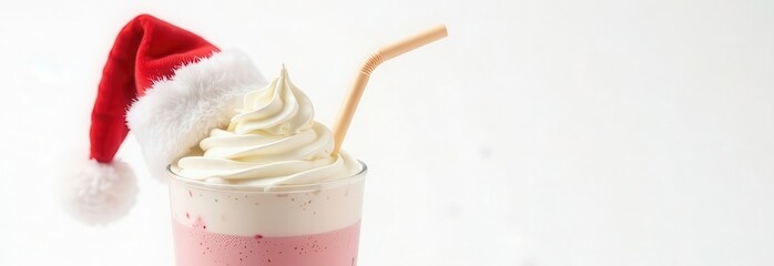 A festive pink milkshake topped with whipped cream, a straw, and a Santa hat, with ample space for text on a clean white background, perfect for Christmas and New Year themes.