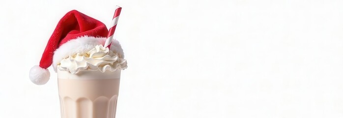 A creamy milkshake topped with whipped cream, a striped straw, and a Santa hat, set against a clean white background with plenty of space for text, perfect for holiday-themed designs.
