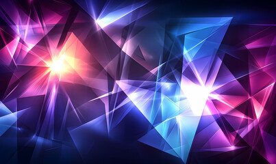 Abstract vibrant digital art featuring glowing geometric shapes, dynamic polygonal forms in shades of pink, purple, and blue, creating a futuristic, energetic background.