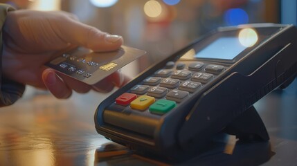 Closeup of a hand holding a credit card near a modern pointofsale terminal. Contactless payment process in progress. Blurry background.