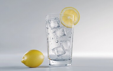 Glass of Lemonade A tall glass filled with refreshing lemonade, with ice cubes and a slice of lemon on the rim, condensation droplets on the glass, placed on a white background.