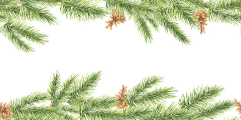 A seamless border with green watercolor pine branches pointing in various directions. Great for nature-inspired branding, flyers, or seasonal merchandise, giving a fresh, outdoor-themed design element