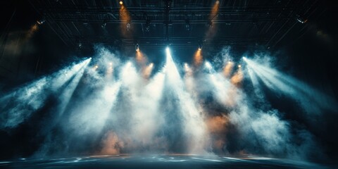 Vibrant smoke vortex encircling an arena stage, framed by a dense network of spotlight beams piercing a shadowy void, capturing the dynamic energy of a live concert