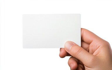 Obraz premium Hand Holding a Credit Card Hand holding a blank credit card with a sleek design, perfect for mockups, on a white background.