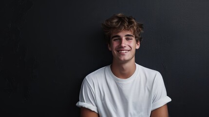 Obraz premium A young man with curly brown hair smiles warmly at the camera. Hes wearing a simple white t-shirt against a dark, textured backdrop.