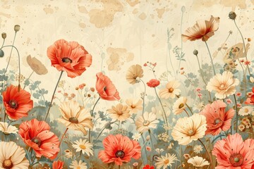 A vibrant floral illustration featuring various blooming flowers in soft colors.