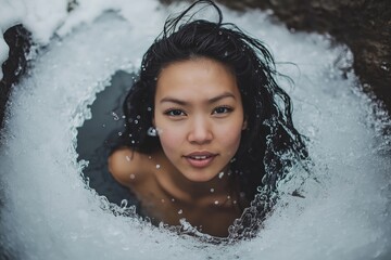Obraz premium Woman emerges from icy water, showcasing determination and exhilaration in a frozen lake environment