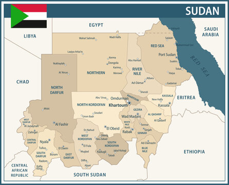 Sudan Map Vector Vintage Dark Blue Beige - Customizable layered political map of Sudan with administrative divisions for website, education, reports, news, politics, print, poster and wallpaper
