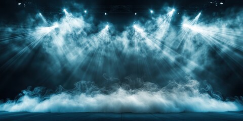 Vivid swirling plumes of smoke, dynamically encircling an illuminated arena stage, highlighted by an intricate matrix of spotlight beams, radiating in a mesmerizing void of concert lighting