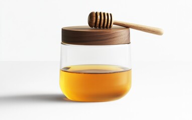 Jar of Honey A glass jar filled with golden honey, with a wooden honey dipper resting on top, on a white background.