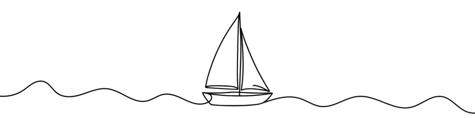 One continuous line illustration of a yacht sailing, isolated on white background. Line art of a yacht sailing