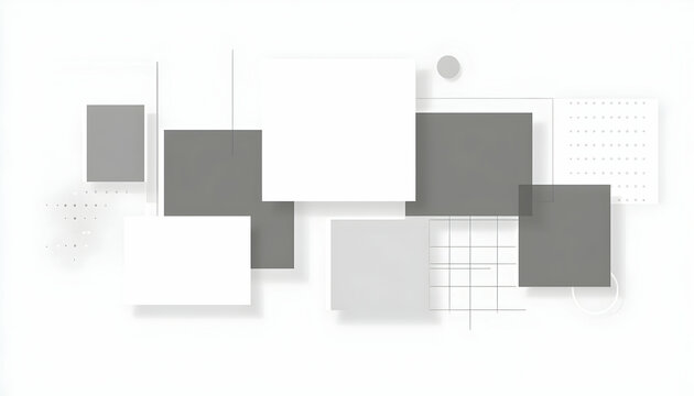 Abstract grayscale geometric design featuring overlapping squares, circles, and grid patterns; ideal for modern presentations, websites, and branding.