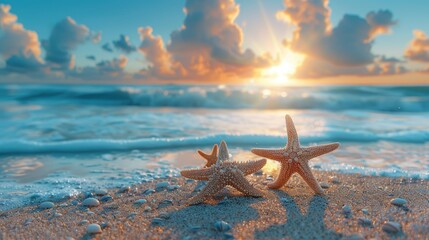 Three starfish on sandy beach at sunset.