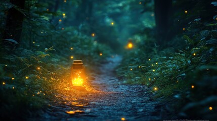 Glowing lantern illuminates a magical forest path at night, surrounded by fireflies.
