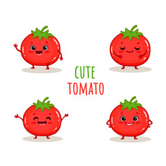 set of Cute cartoon tomatoes characters with emotions. Cute tomato with smile isolated on white background. Tomato in different poses. Funny cartoon vegetables for menu, cards.