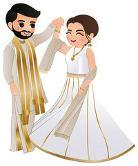 Bride and groom cute couple indian dress cartoon character