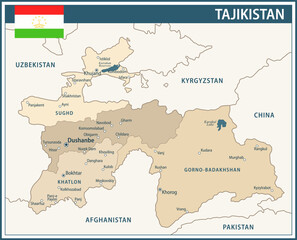 Tajikistan Map Vector Vintage Dark Blue Beige - Customizable layered political map of Tajikistan with administrative divisions for website, education, reports, news, politics, print, poster