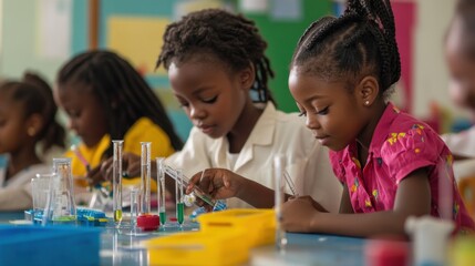 Young African girls conduct a science experiment in a classroom.