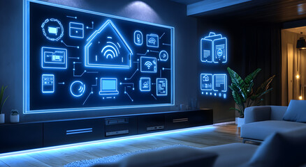 Modern Connected Living Room with Holographic Control Panels, AI GENERATIVE 