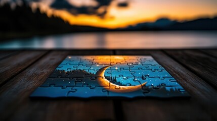 Naklejka premium a puzzle showing a serene night scene with a glowing moon and stars, half-completed