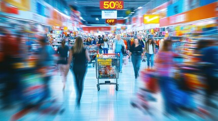 Blurred motion of shoppers in a busy supermarket with a 50% off sale sign.