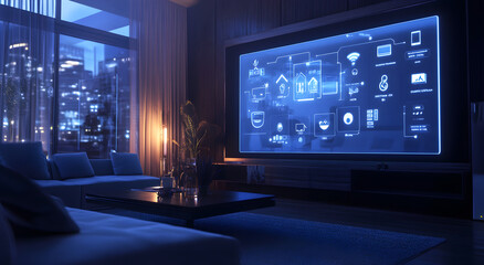 Obraz premium Modern Connected Living Room with Holographic Control Panels, AI GENERATIVE 