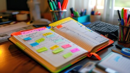 Open planner with colorful sticky notes on a desk.