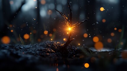 Glowing Tree in Dark Forest: Mystical Night Scene