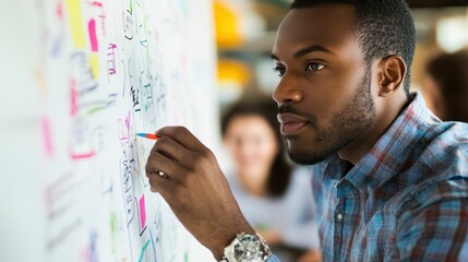 Man adds notes to colorful whiteboard.