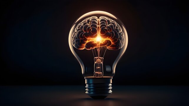 a light bulb with human brain inside against a pure dark background, ai brain or technology concept, space for copy