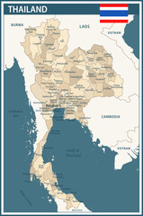 Fototapeta premium Thailand Map Vector Vintage Dark Blue Beige - Customizable layered political map of Thailand with administrative divisions for website, education, reports, news, politics, print, poster and wallpaper