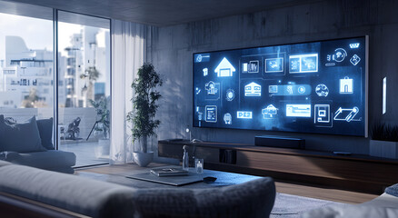 Modern Connected Living Room with Holographic Control Panels, AI GENERATIVE 