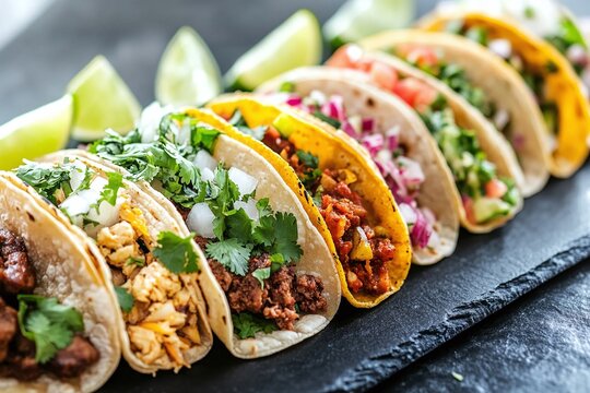 Colorful taco assortment with vibrant toppings and sauces. Served on a black slate plate, street food aesthetic.