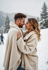 Fototapeta premium Couple embracing in snowy winter landscape