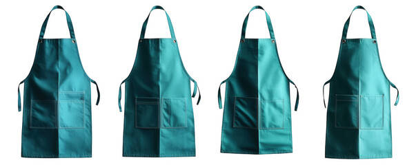 four teal blue aprons with a single pocket on the front. isolated on a transparent background the aprons are perfect for protecting clothes from stains and spills. making them great for cooking. clean