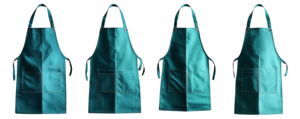 four teal blue aprons with a single pocket on the front. isolated on a transparent background the aprons are perfect for protecting clothes from stains and spills. making them great for cooking. clean