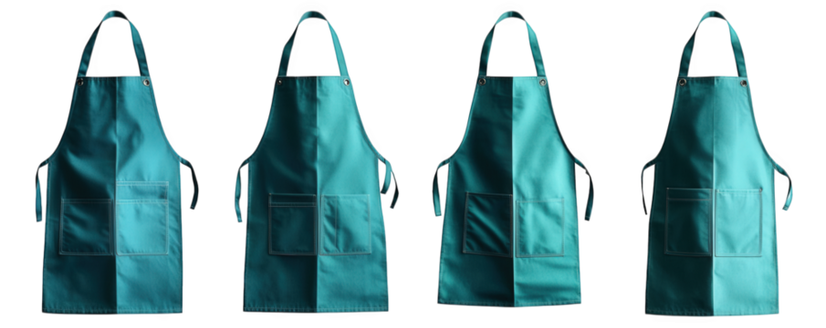 four teal blue aprons with a single pocket on the front. isolated on a transparent background the aprons are perfect for protecting clothes from stains and spills. making them great for cooking. clean