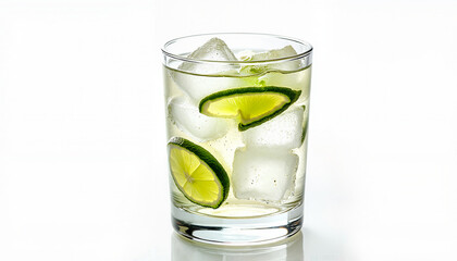 Refreshing gin and tonic with lime slices and ice cubes