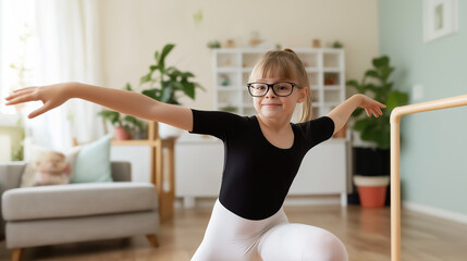 Young ballerina practicing ballet at home wearing glasses