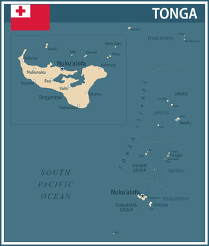Tonga Map Vector Vintage Dark Blue Beige - Customizable layered political map of Tonga with administrative divisions for website, education, reports, news, politics, print, poster and wallpaper