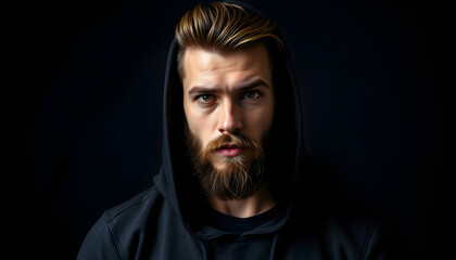 Fototapeta premium Muscular model young man with beard in hoody on dark background. Fashion portrait of brutal sexy strong guy with modern trendy hairstyle and brown eyes isolated with white highlights, png