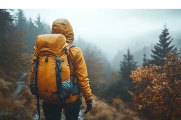 Solo Hiker Backpack Autumn Woods Misty Day