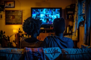 Obraz premium An African Couple Streaming a Movie on their Television Screen