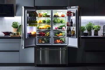 Nighttime Kitchen with Fully Open Refrigerator