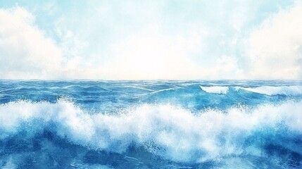Serene Ocean Waves  Blue Watercolor Seascape