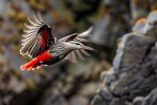 Wallcreeper in mid-flight with its wings spread wide