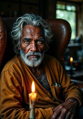 Obraz premium 'Wisdom and Sorrow': Intimate Portrait of Elderly Melanesian Man in Candlelight